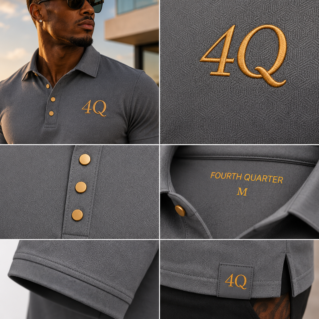 4Q Men’s Executive Button-Up Polos— Gray/Gold