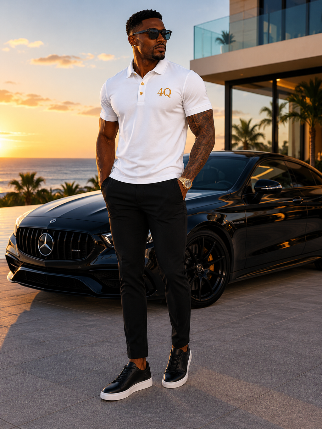 4Q Men’s Executive Button-Up Polos-White/Gold
