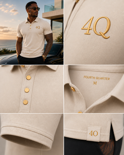 4Q Men’s Executive Button-Up Polos— Beige/Gold