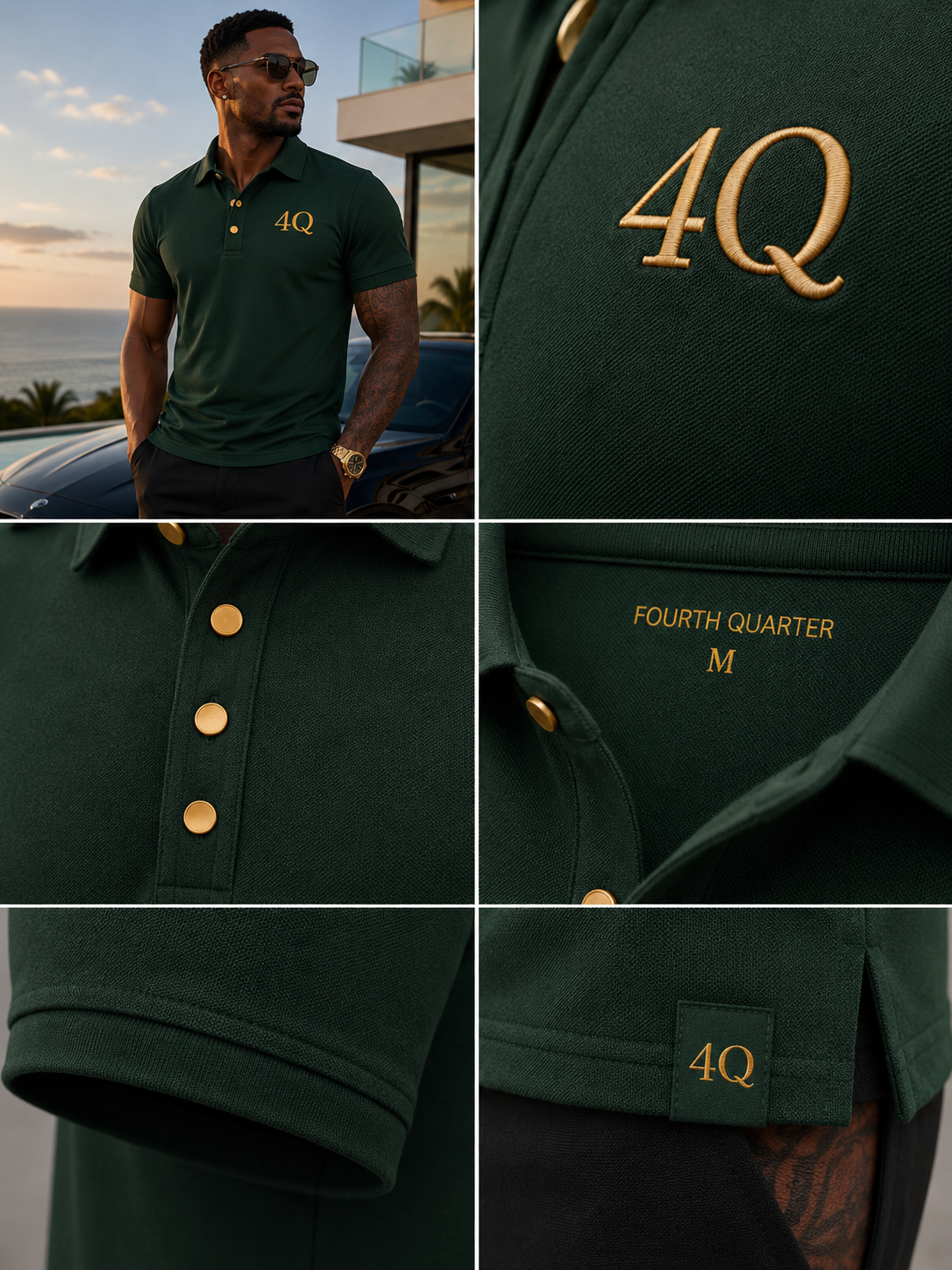 4Q Men’s Executive Button-Up Polos— Green/Gold