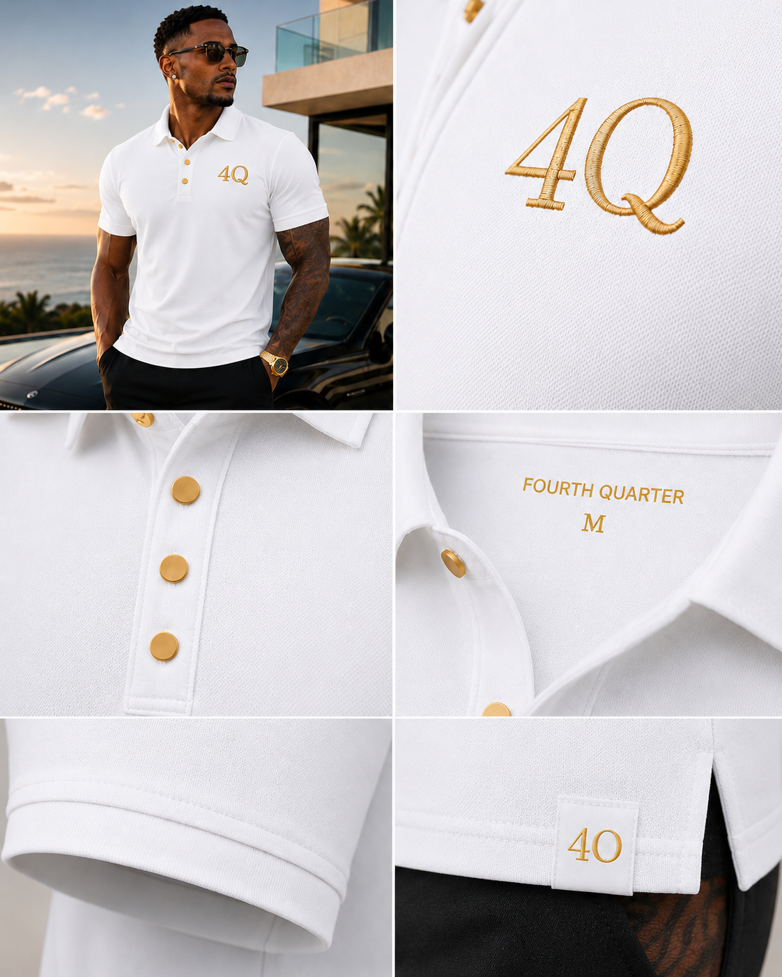 4Q Men’s Executive Button-Up Polos-White/Gold
